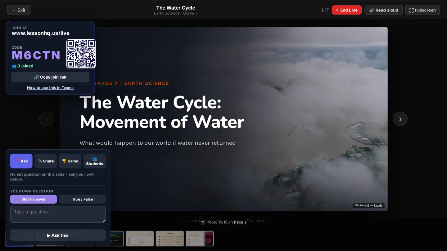 Present mode after clicking Go Live: the slide, with a join box at the top left showing lessonhq.us/live, a 5-character code and a QR code, and the question controls at the bottom left.