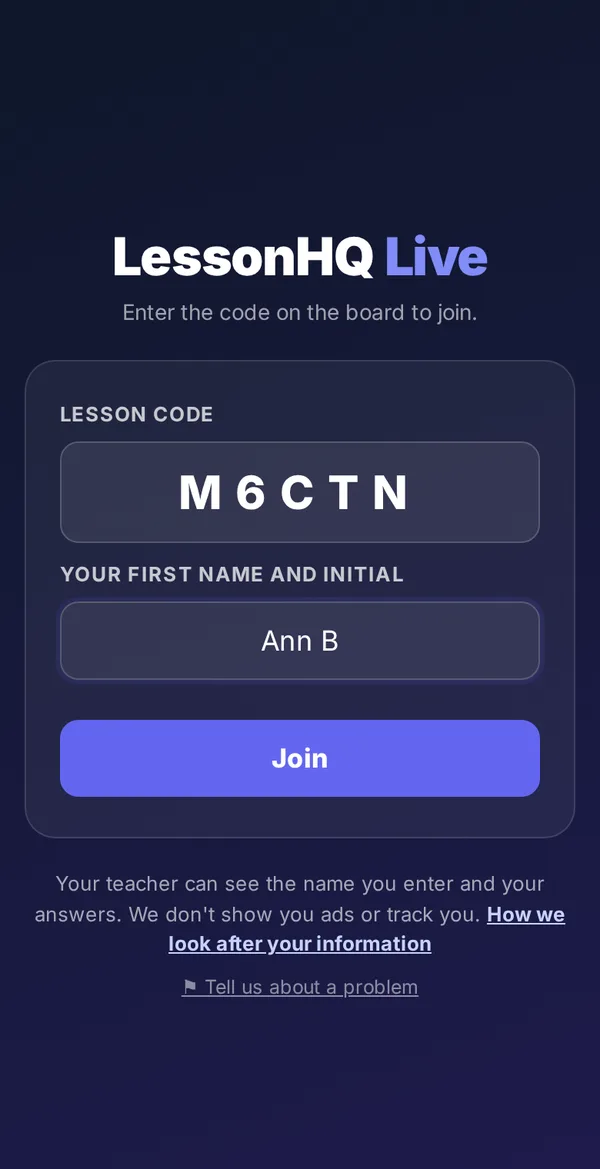The student join screen on a phone: LessonHQ Live, a box for the lesson code and a box for first name and initial, and a Join button.