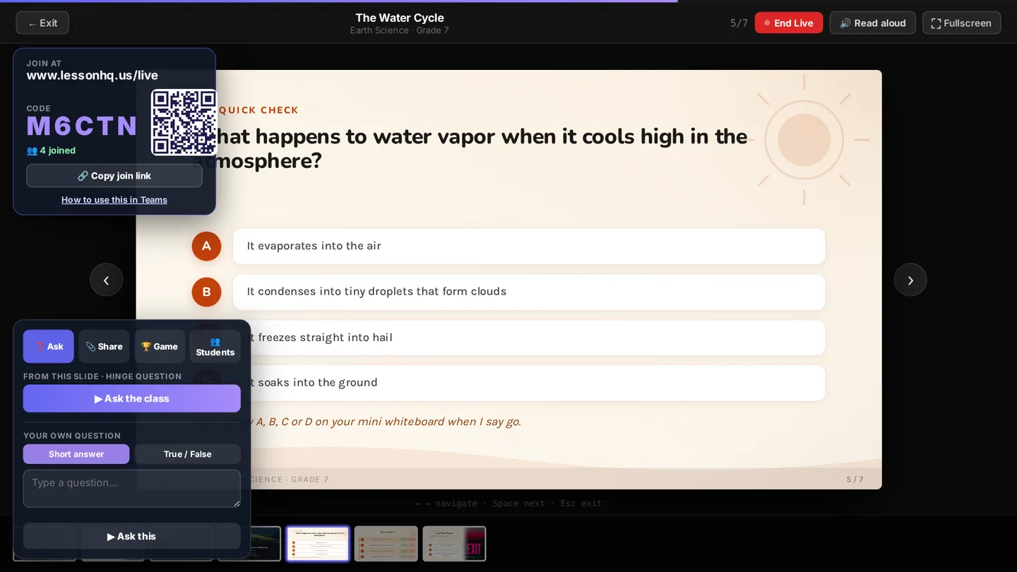 A hinge question slide with A to D options. The Ask tab at the bottom left reads: From this slide, Hinge question, and a button Ask the class.
