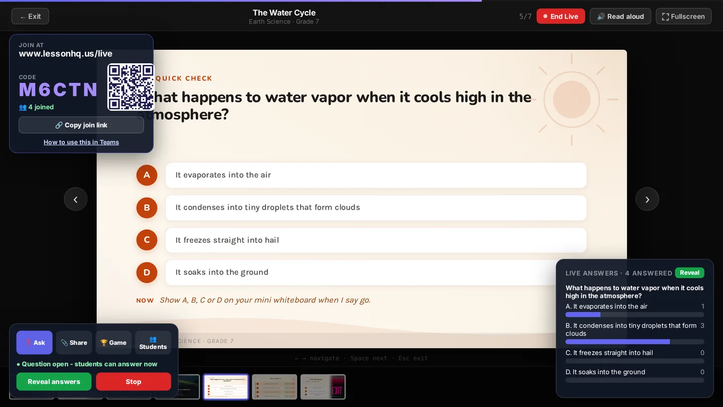 The live answers panel at the bottom right counting votes for options A to D, with a Reveal button.