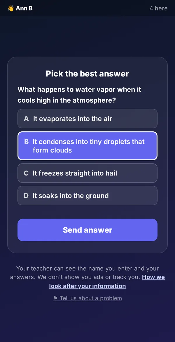 The question on a student phone: Pick the best answer, with options A to D and a Send answer button.