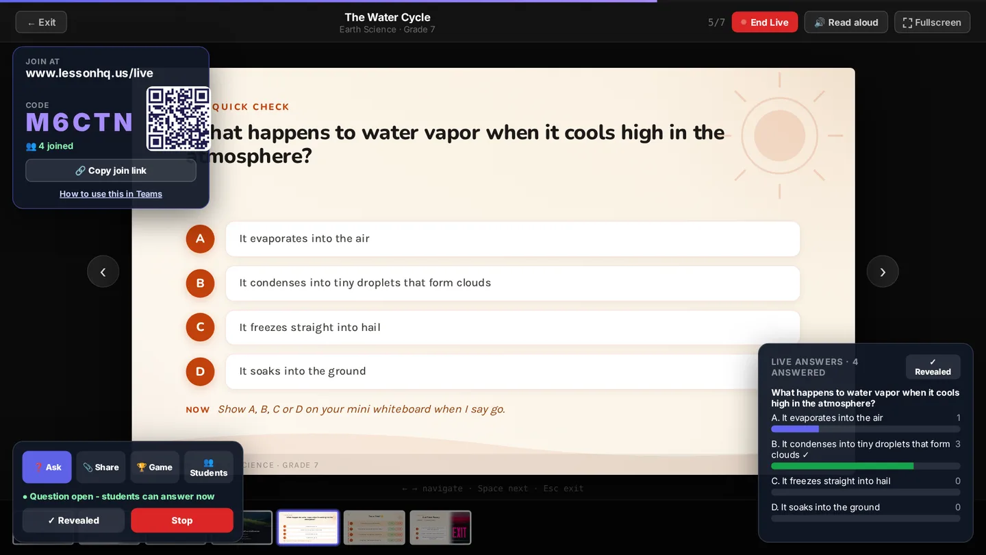 The answers panel after Reveal, with the correct option marked with a tick.
