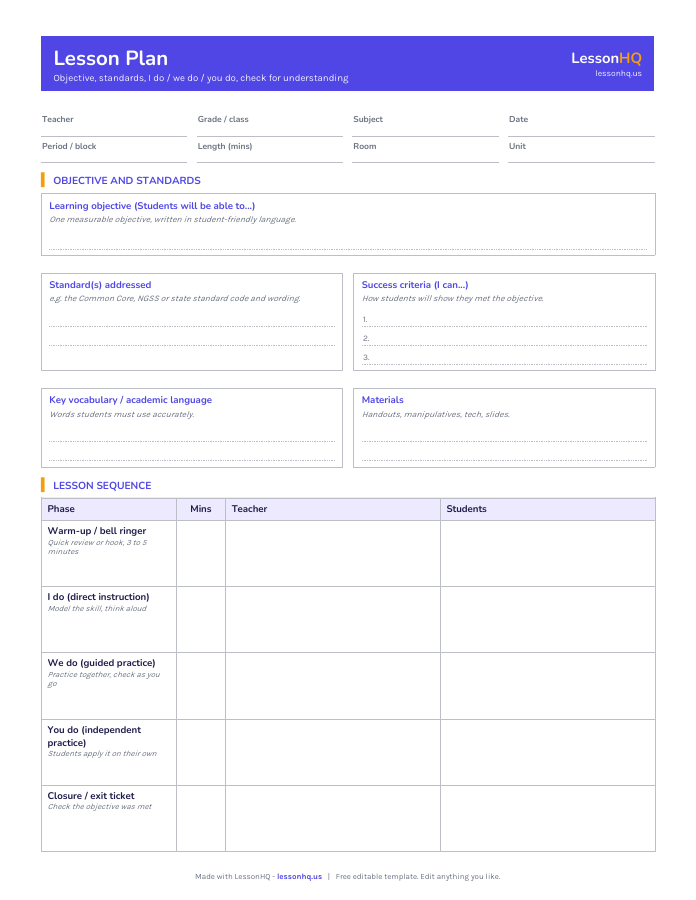 Single lesson plan (detailed) template preview