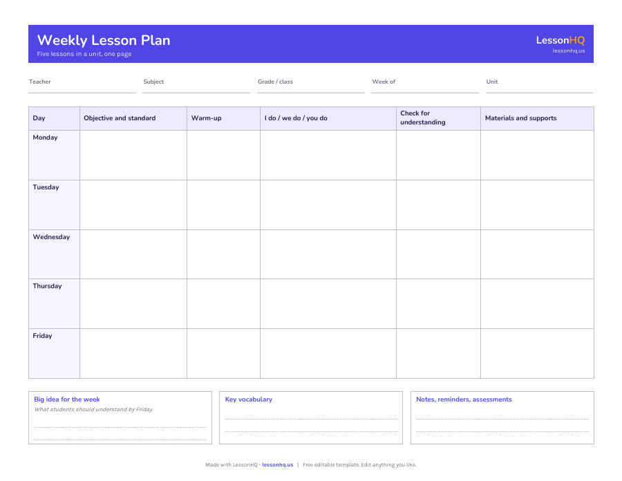 Weekly lesson plan template preview