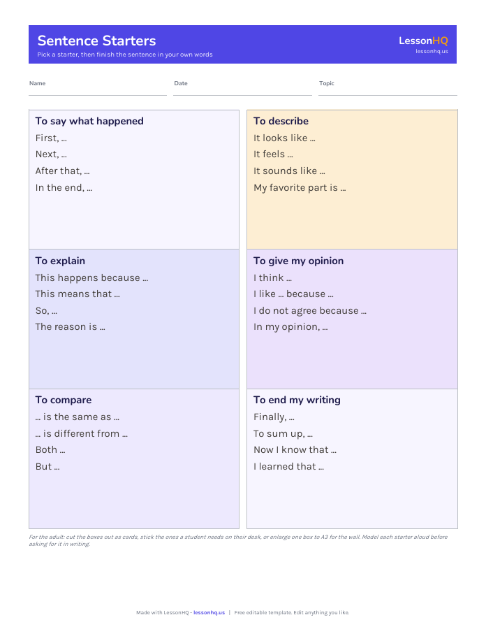 Writing supports pack: sentence starters page preview