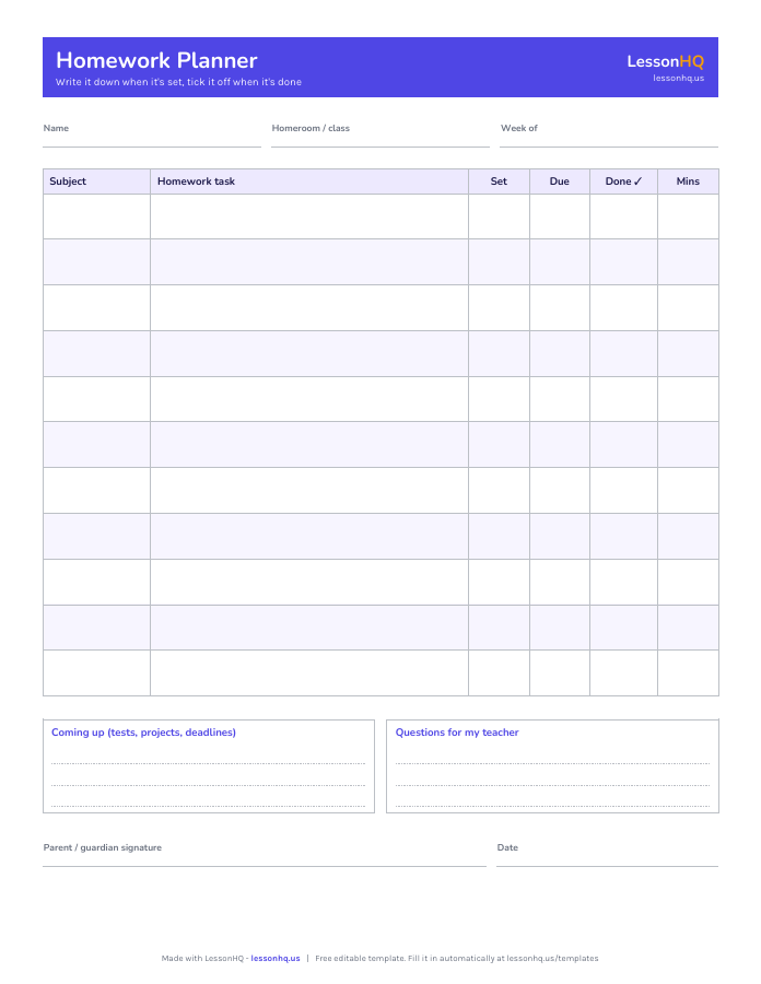 Homework Planner Template preview