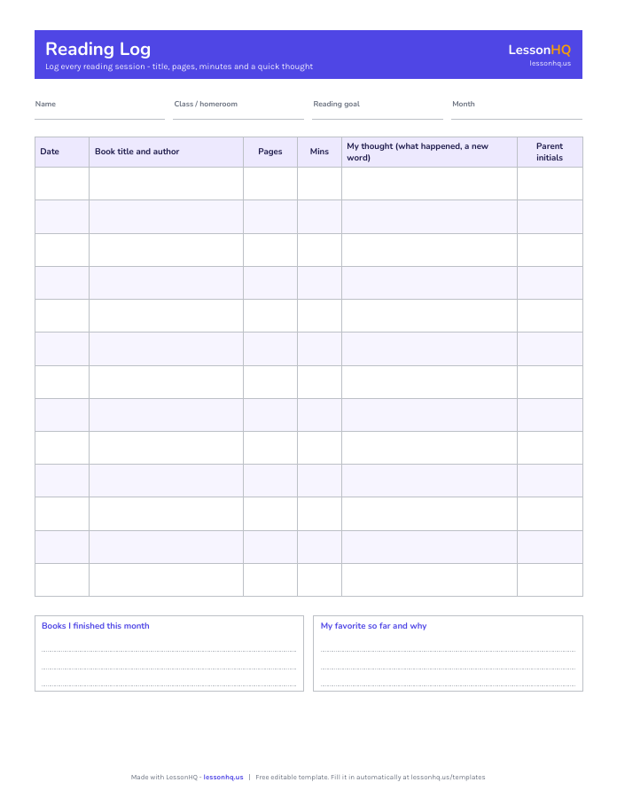 Reading Log Template preview