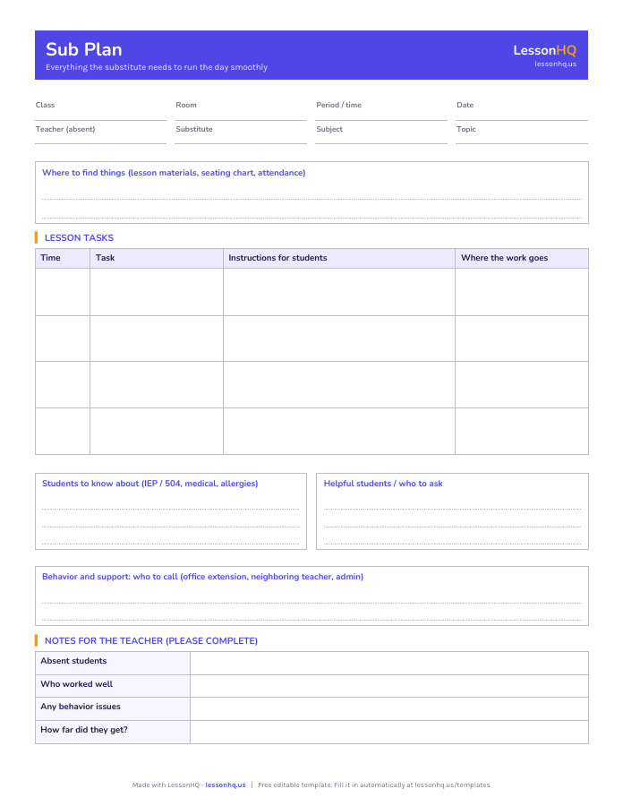 Sub Plan Template preview