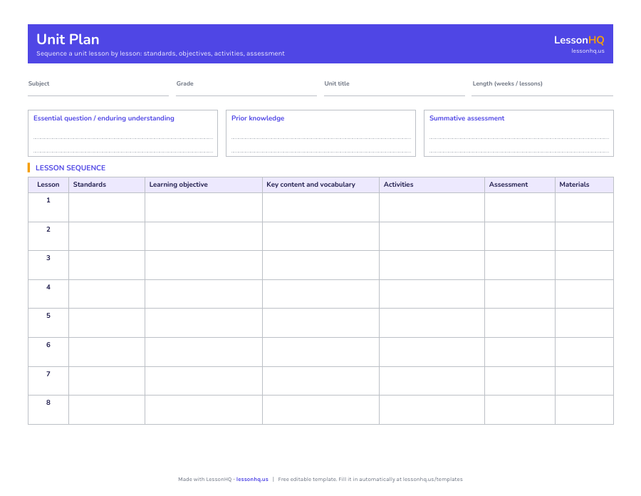 Unit Plan Template preview